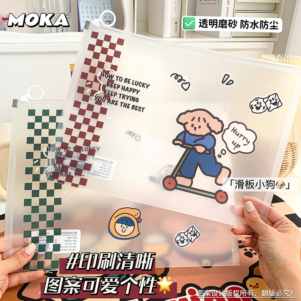 MOKA卡通A4防水拉边袋小清新PP学生试卷收纳袋指环袋文件袋加厚MOKA Cartoon A4 Waterproof Zipper Pouch—Fresh and Cute PP Student Exam Paper Storage Pouch, Ring Pouch, Document Pouch, Reinforced