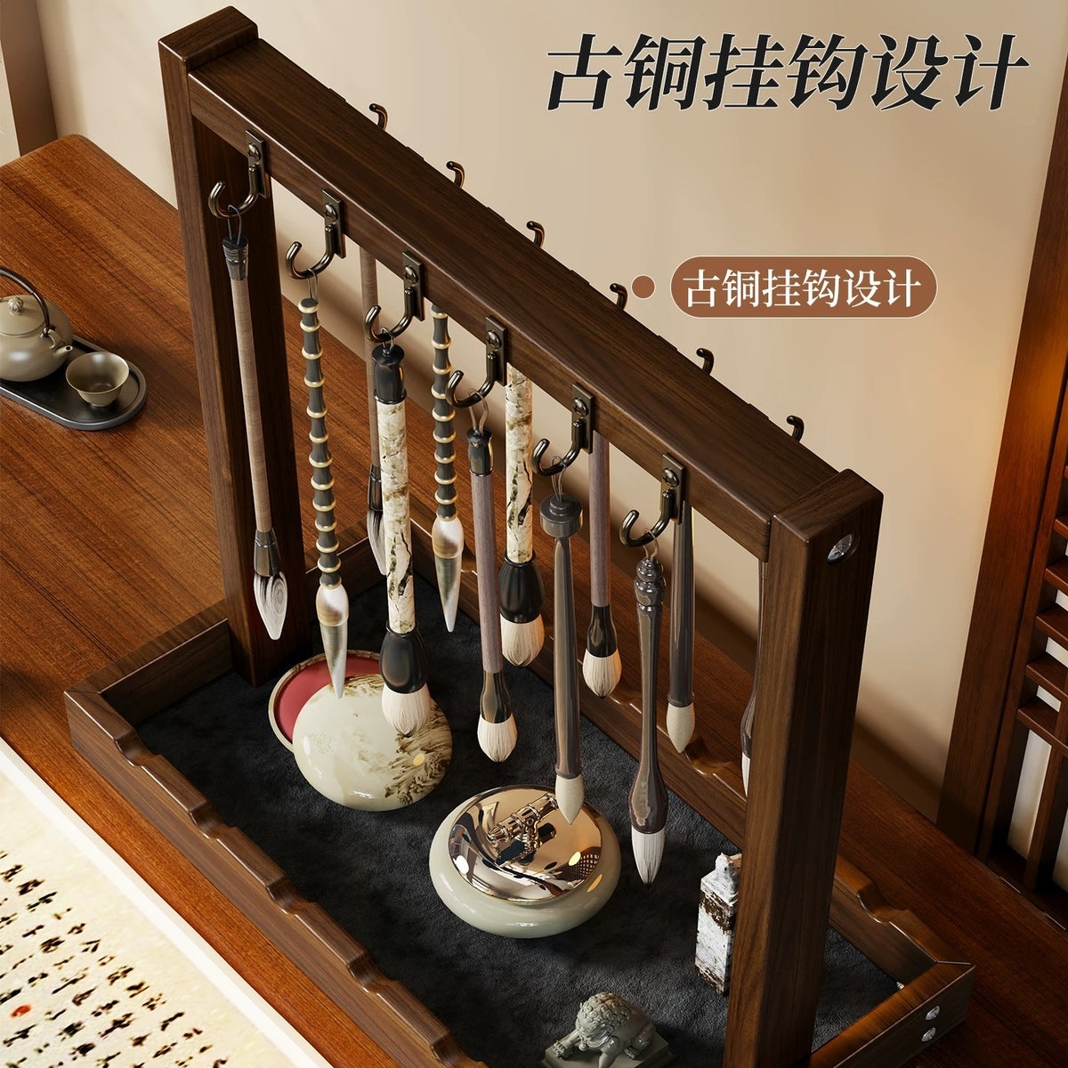 毛笔收纳架桌面挂架中式复古笔挂文房四宝专用悬挂式书法笔托笔搁Calligraphy Brush Storage Rack, Desktop Hanging Holder, Chinese-style Vintage Brush Hanger, Dedicated to the Four Treasures of the Study, Hanging Calligraphy Brush Rest and Holder