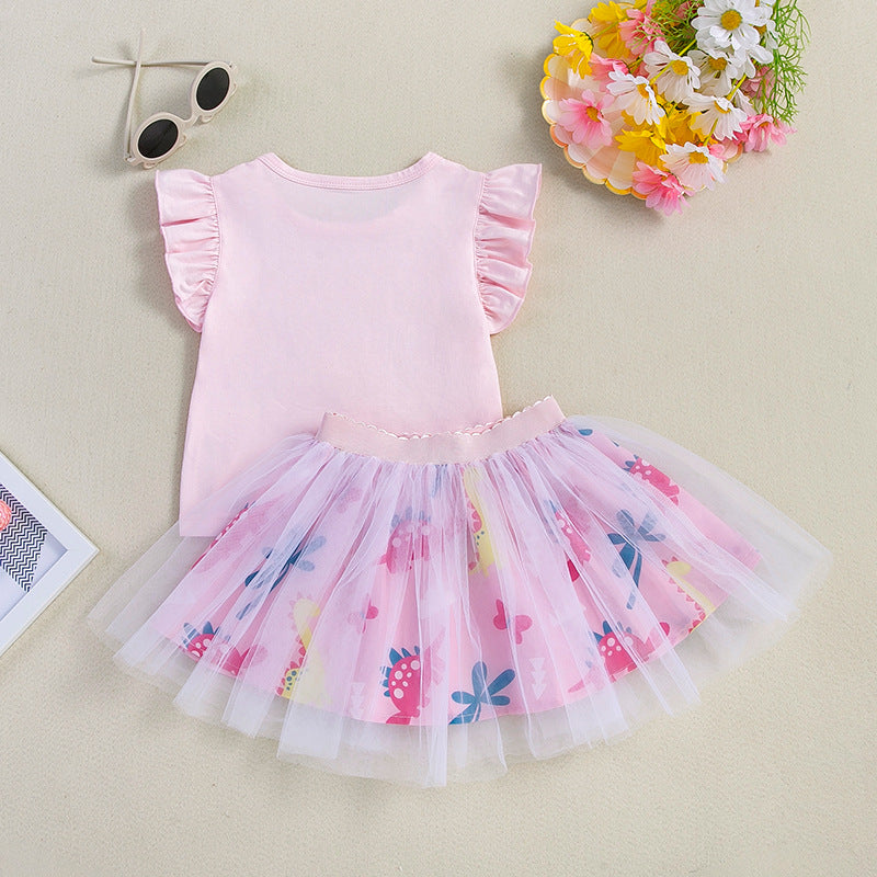 女童套装印花恐龙飞袖T恤半身公主裙2件套儿童节日礼服Girls' 2-Piece Set: Printed Dinosaur T-Shirt with Flare Sleeves and Princess Skirt—Trendy Children's Holiday Outfit