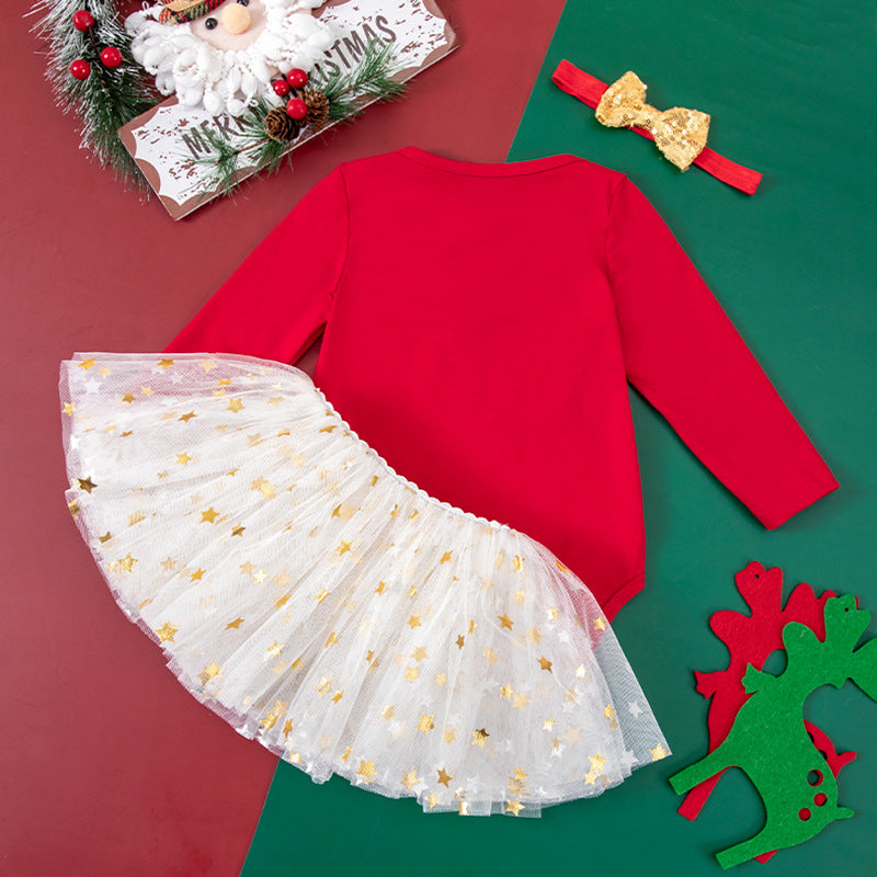 圣诞节宝宝套装婴儿秋装长袖哈衣tutu裙圣诞节日服 Christmas Baby Outfit Set: Fall Baby Clothing, Long-Sleeve Onesie, Tutu Skirt, Christmas Holiday Outfit