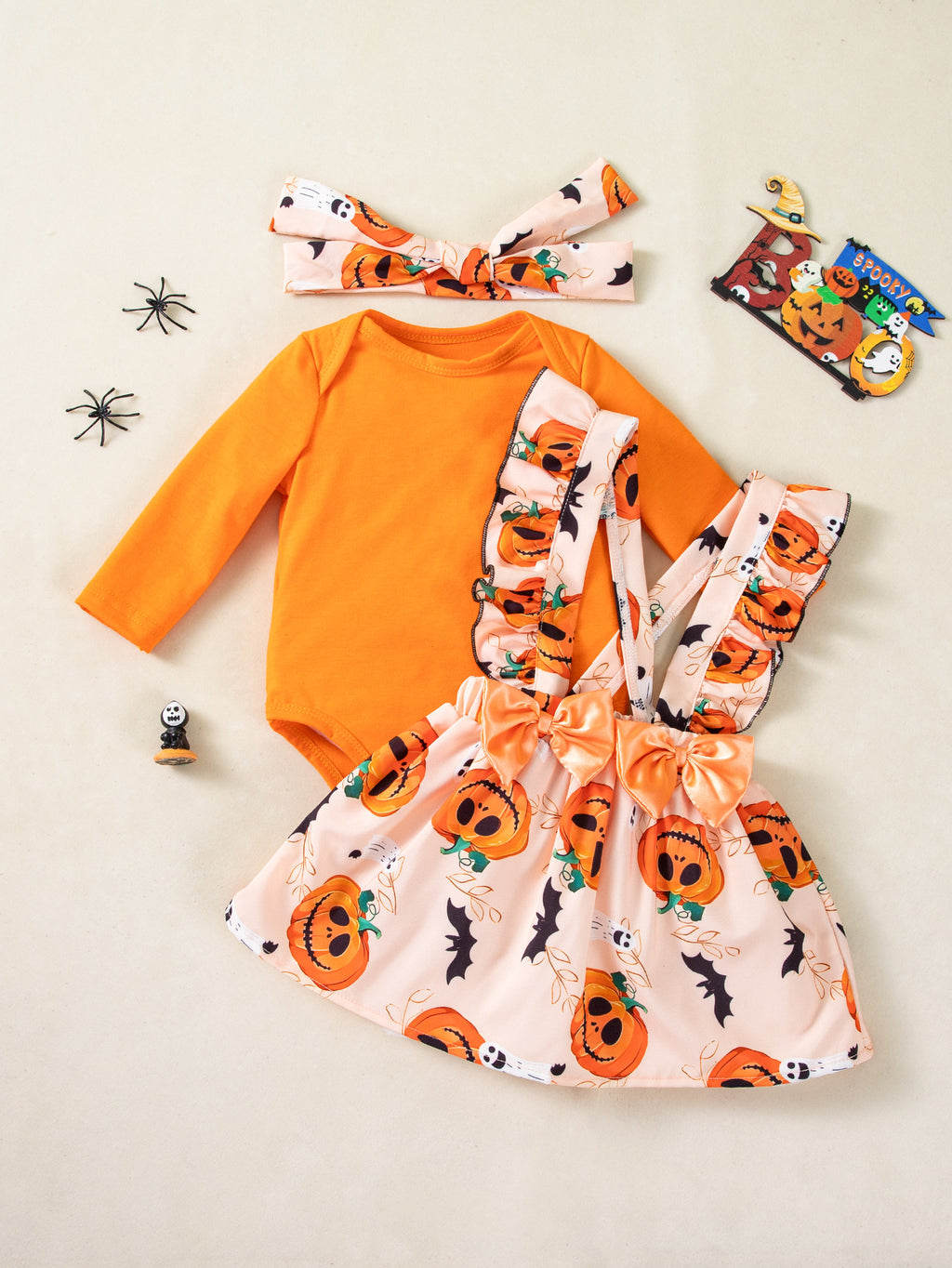 万圣节裙套装宝宝长袖三角哈衣荷叶边南瓜印花背带裙派对服 Halloween Dress Set for Babies: Long-Sleeve Triangle Rompers with Ruffles and Pumpkin Print Overalls—Party Outfit