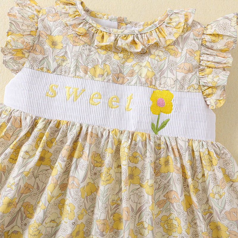 女童连衣裙雏菊刺绣田园复古打揽碎花小飞袖公主裙清新 Girls' Dress: Daisy Embroidery, Rustic Vintage Style, Ruffled Floral Print, Cap Sleeves, Princess-Style, Fresh and Charming