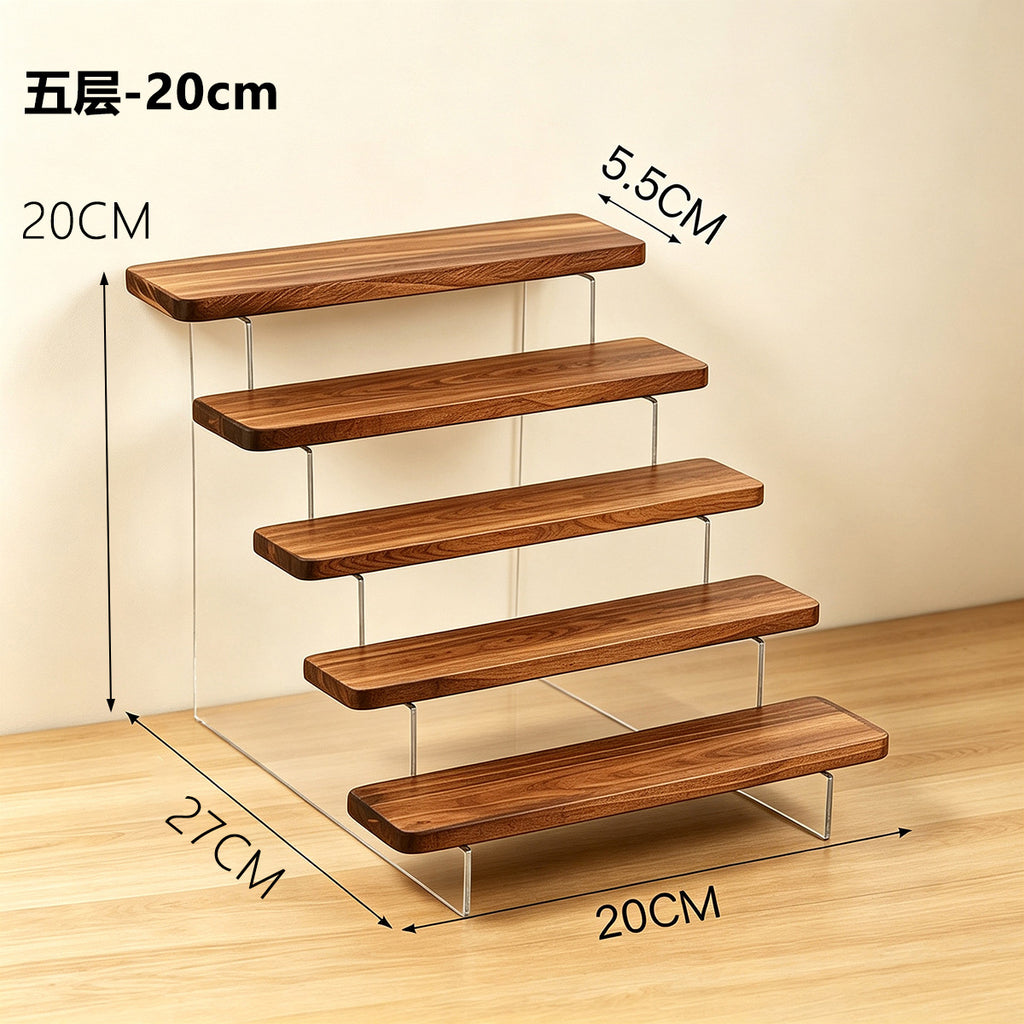 家用轻奢展示架亚克力透明阶梯架盲盒摆件手办桌面简约木质置物架Home-use luxury display stand; transparent acrylic tiered stand; blind box figurines; collectables; minimalist wooden desktop storage rack