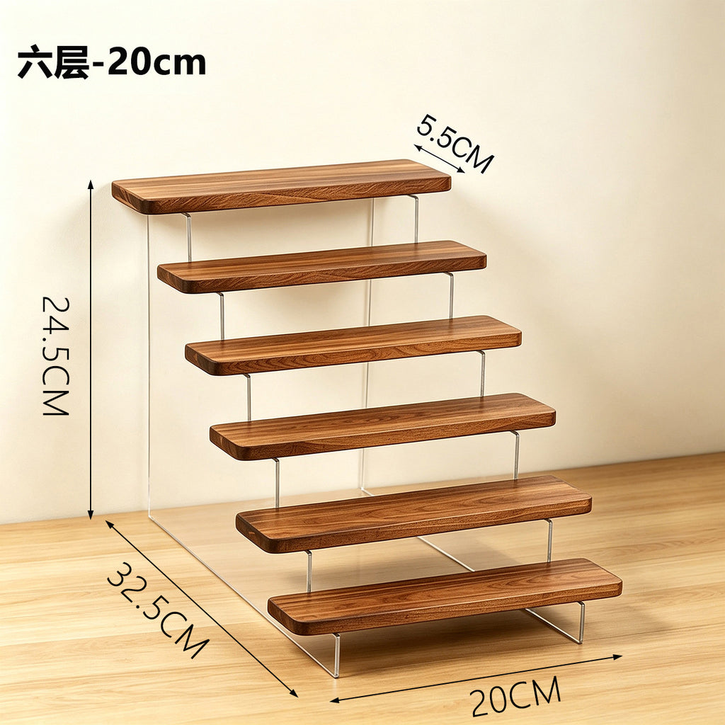 家用轻奢展示架亚克力透明阶梯架盲盒摆件手办桌面简约木质置物架Home-use luxury display stand; transparent acrylic tiered stand; blind box figurines; collectables; minimalist wooden desktop storage rack