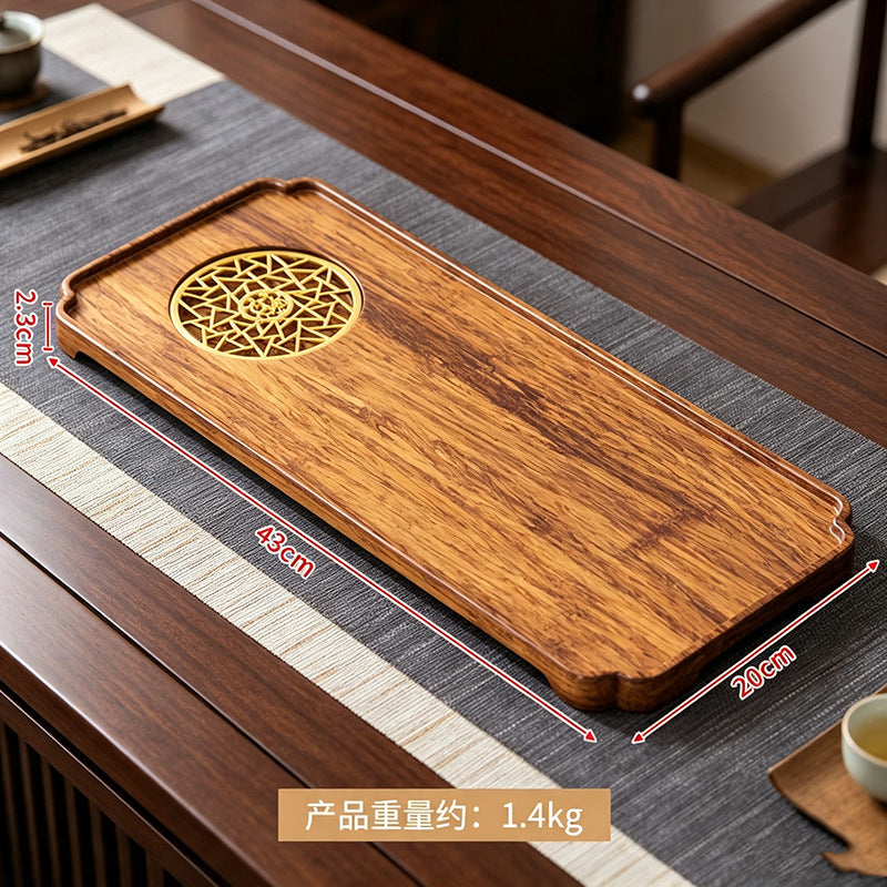 新中式实木长茶盘黄铜镂空排水茶托家用干泡台功夫茶具茶杯垫套装New Chinese-style solid wood long tea tray with brass openwork drainage saucer – home-use dry-brewing station, Gongfu tea set with tea cup coasters