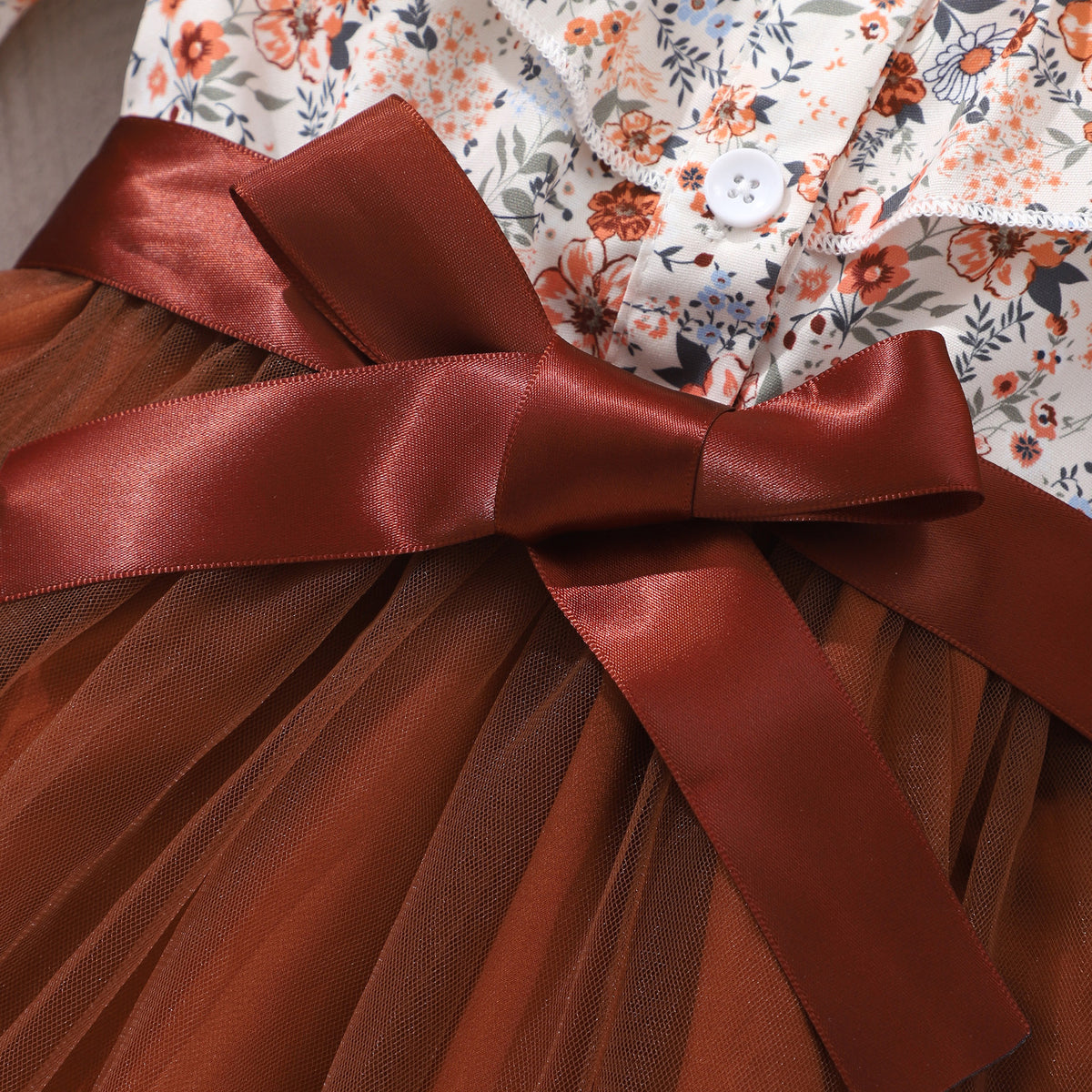女童无袖翻领花卉印花网纱连衣裙含织腰带女孩公主裙Girls' Sleeveless Collared Floral-Print Tulle Dress with Woven Belt—Princess Dress for Girls