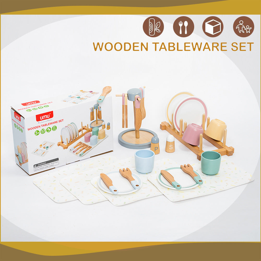 #1348儿童早教木制仿真餐厅刀叉杯子碟子勺子餐具套装过家家玩具#1348 Early Childhood Education Wooden Realistic Restaurant Cutlery Set (Knives, Forks, Cups, Plates and Spoons) for Pretend Play