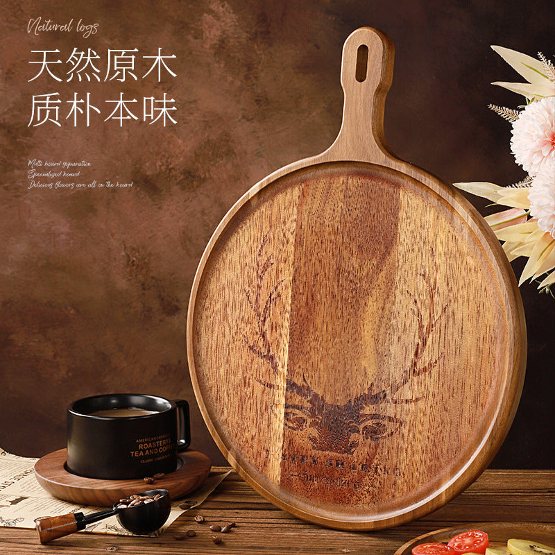 家逸相思木料理摆盘（中号）KAYI Acacia Wood Pizza Tray Steak Board with Handle Round Medium Size