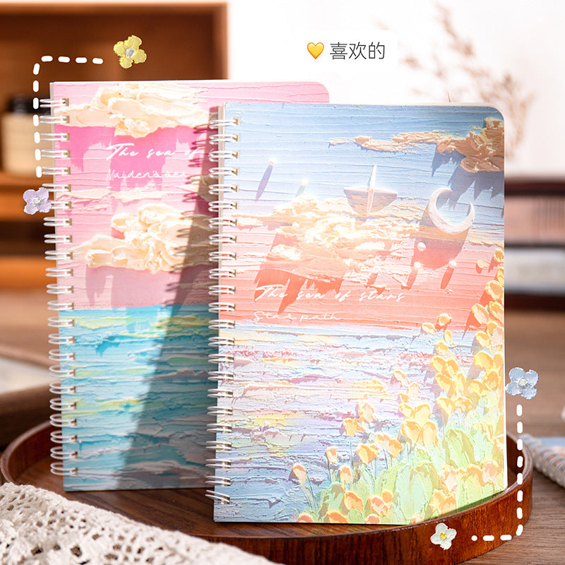 动漫油画创意A5加厚笔记本课堂笔记120页横线学生文具线圈本Anime-themed Creative A5 Thick Notebook for Class Notes, 120 Pages, Lined, Student Stationery, Spiral-bound