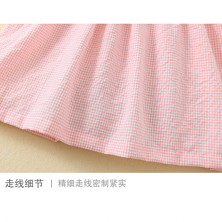 女童夏季打揽娃娃领草莓刺绣泡泡袖公主裙韩系格子连衣裙 Girls' Summer Dresses: Doll-Collar Strawberry-Embroidered Puff-Sleeve Princess Dress, Korean-Style Checkered Dress