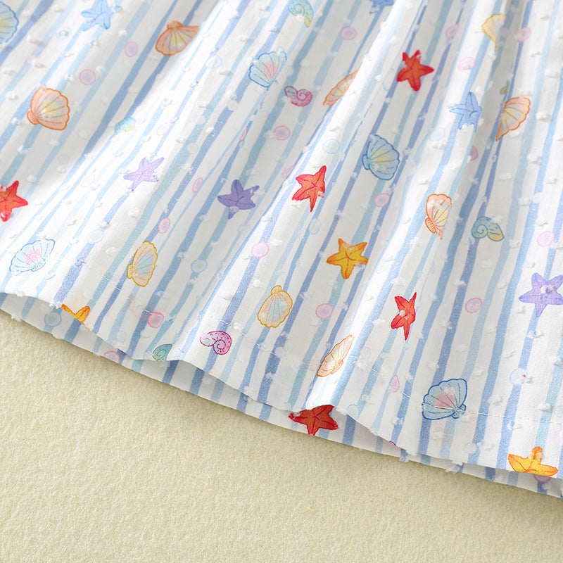 女童夏季棉布打揽连衣裙海星贝壳刺绣公主裙飞飞袖童裙 Girls' Summer Cotton Ruffle Dress with Starfish and Seashell Embroidery, Princess-Style Dress with Flowy Sleeves