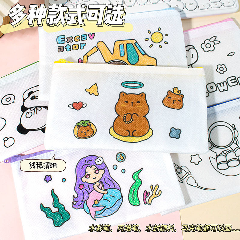 卡通DIY无纺布笔袋可爱文具收纳袋大容量学生简约铅笔袋手动填色Cartoon DIY Non-Woven Fabric Pencil Case, Cute Stationery Pouch, Large Capacity Student Pencil Case, Minimalist Design, Manual Coloring