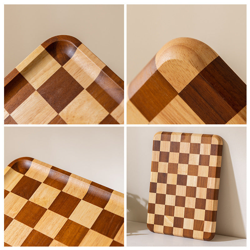 新款棋盘格木质托盘家用轻奢甜品面包西餐盘相思木质茶盘批发New Checkered Wooden Trays: Light Luxury Dessert, Bread and Western-Style Dinner Plates for Home Use; Acacia Wooden Tea Trays – Wholesale