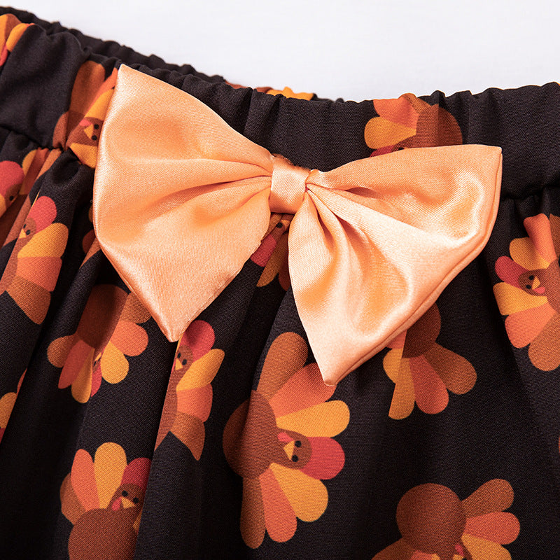 感恩节宝宝派对礼服飞袖哈衣色丁火鸡半身裙套装Thanksgiving Baby Party Dress: Ruffle-Sleeve Rompers with Satin Turkey Skirt Set