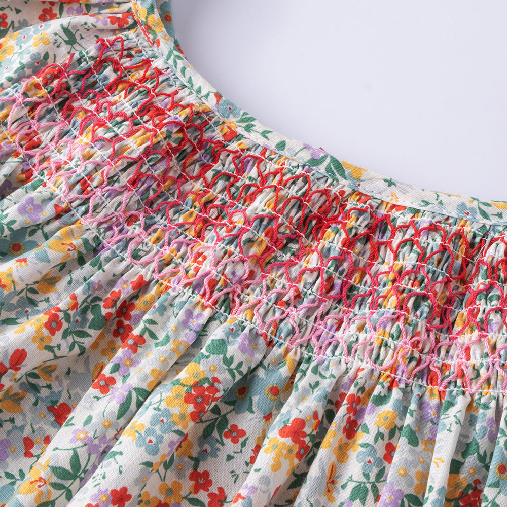女童打揽碎花连衣裙复古女宝宝飞袖印花公主裙 Girls' Ruffled Floral Dress Vintage-Style Baby Girl Princess Dress with Flare Sleeves and Print