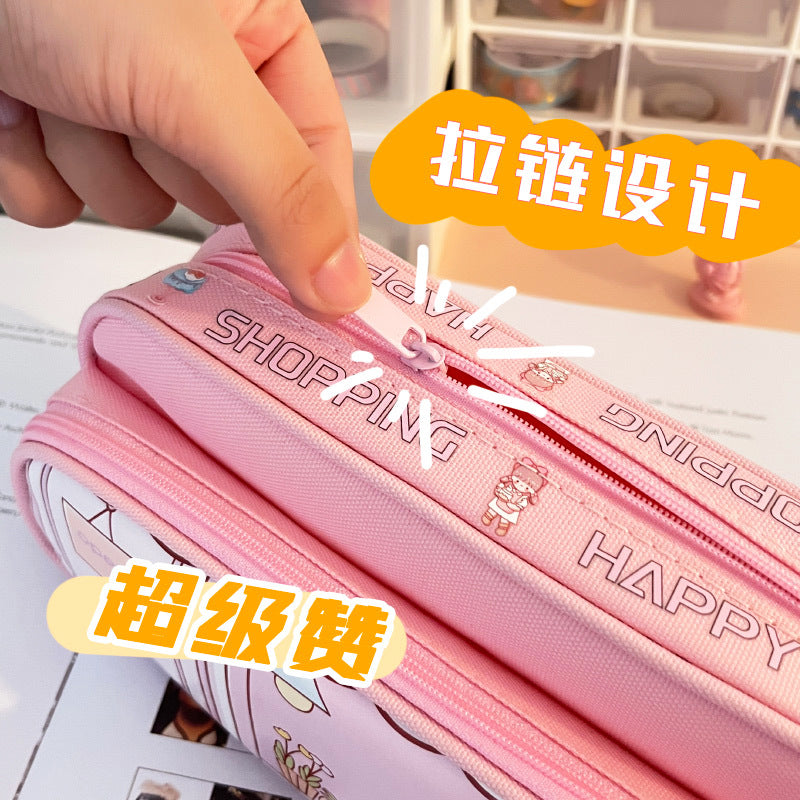 MOKA魔卡大容量双层笔袋女生小学生铅笔盒拉链铅笔袋MOKA Large-Capacity Double-Layer Pencil Case for Girls in Elementary School—Zippered Pencil Case
