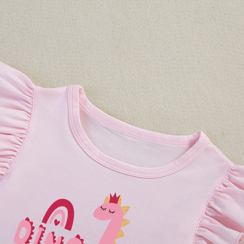 女童套装印花恐龙飞袖T恤半身公主裙2件套儿童节日礼服Girls' 2-Piece Set: Printed Dinosaur T-Shirt with Flare Sleeves and Princess Skirt—Trendy Children's Holiday Outfit