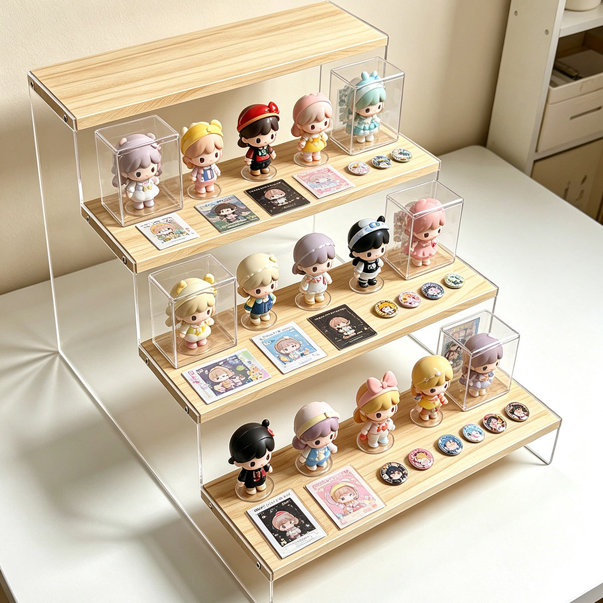 亚克力盲盒展示架阶梯手办公仔化妆品陈列收纳架加宽家居置物架Acrylic blind box display stand, tiered handheld figurine and cosmetics display and storage rack, extra-wide home storage rack