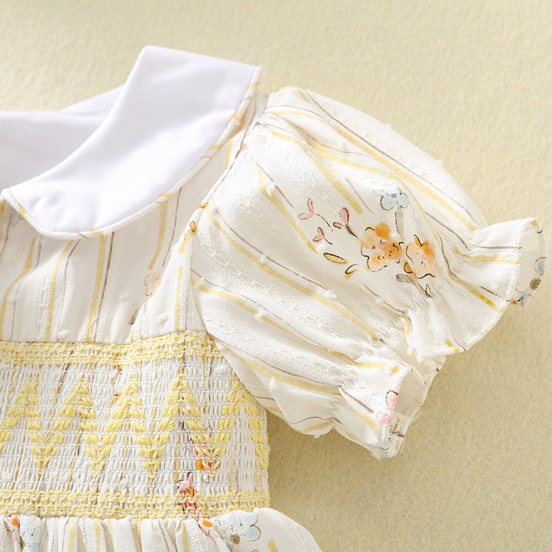 女童短袖打揽连衣裙夏季娃娃领花苞袖公主童裙 Girls' Short-Sleeve Ruched Dress, Summer Peter Pan Collar, Puff Sleeves, Princess Style