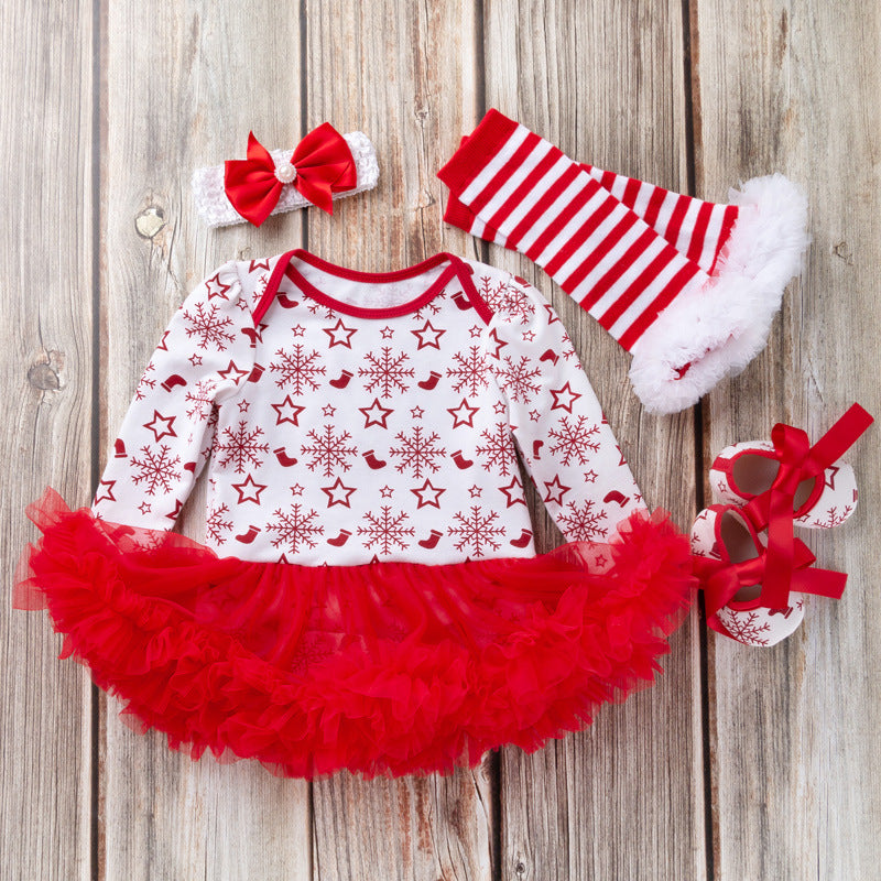 圣诞节女宝宝节日装婴儿春秋长袖红绿包屁裙公主哈衣裙四件套Christmas Outfit for Baby Girls: Spring/Fall Long-Sleeve Red and Green Rompers and Princess-Style Dresses—4-Piece Set