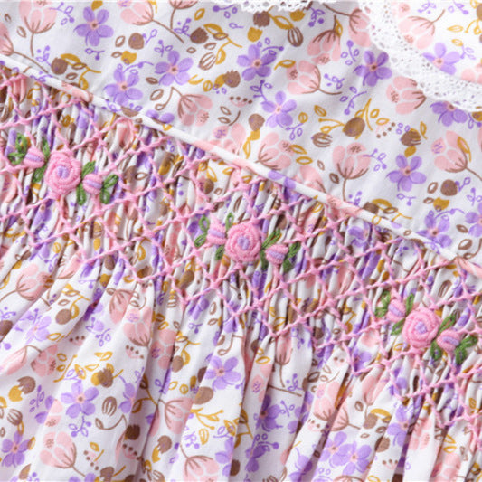 手工打揽碎花刺绣娃娃领女童短袖连衣裙田园清新公主裙Hand-Embroidered Floral Doll-Collar Girls' Short-Sleeve Dress: A Fresh, Rustic Princess Dress
