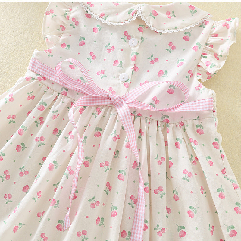 女童飞袖甜美打揽裙樱桃绣花可爱娃娃领刺绣连衣裙Girls' Sweet Flare-Sleeve Cherry-Embroidered Dress with a Cute Peter Pan Collar