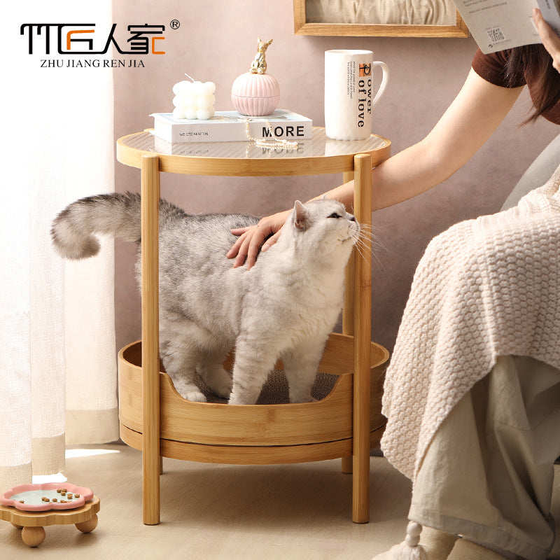 定制创意猫窝圆形玻璃茶几猫咪宠物猫床竹沙发边几圆桌Bespoke, creative cat bed; round glass coffee table; cat bed; bamboo sofa side table; round table