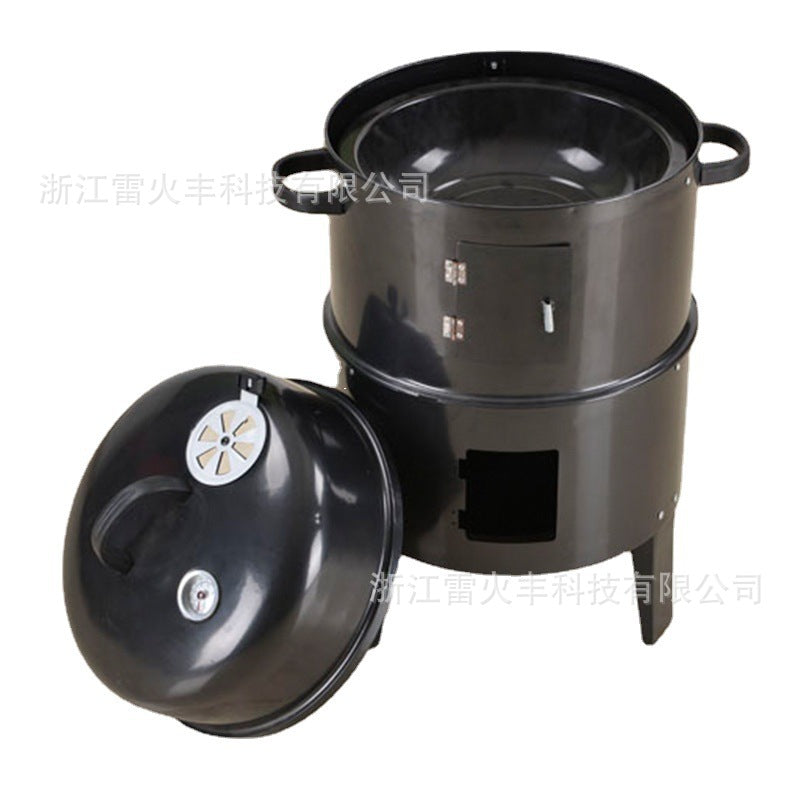 户外庭院三合一黑色烟熏炉焖烤炉烧烤炉圆形熏烤炉木炭烧烤炉现货Outdoor Garden 3-in-1 Black Smoker, Braiser and Barbecue – Round Charcoal Barbecue – In Stock
