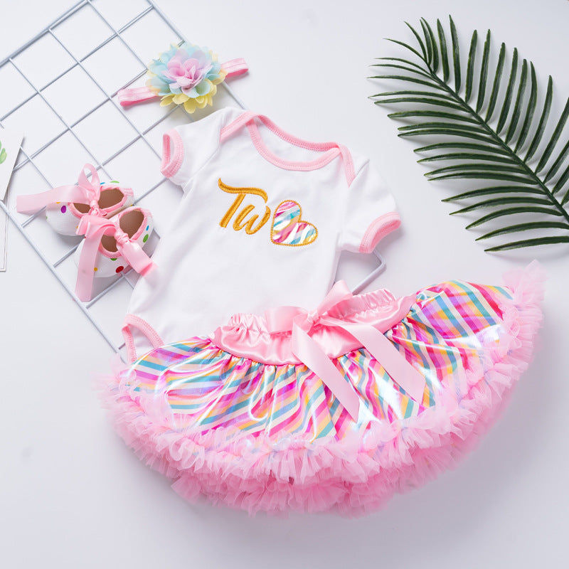 欧美宝宝生日套装婴儿周岁节日装夏季短袖绣花爬服公主裙套装Baby Birthday Outfit Set: 1st Birthday Outfit, Summer Short-Sleeve Embroidered Romper and Princess Dress Set