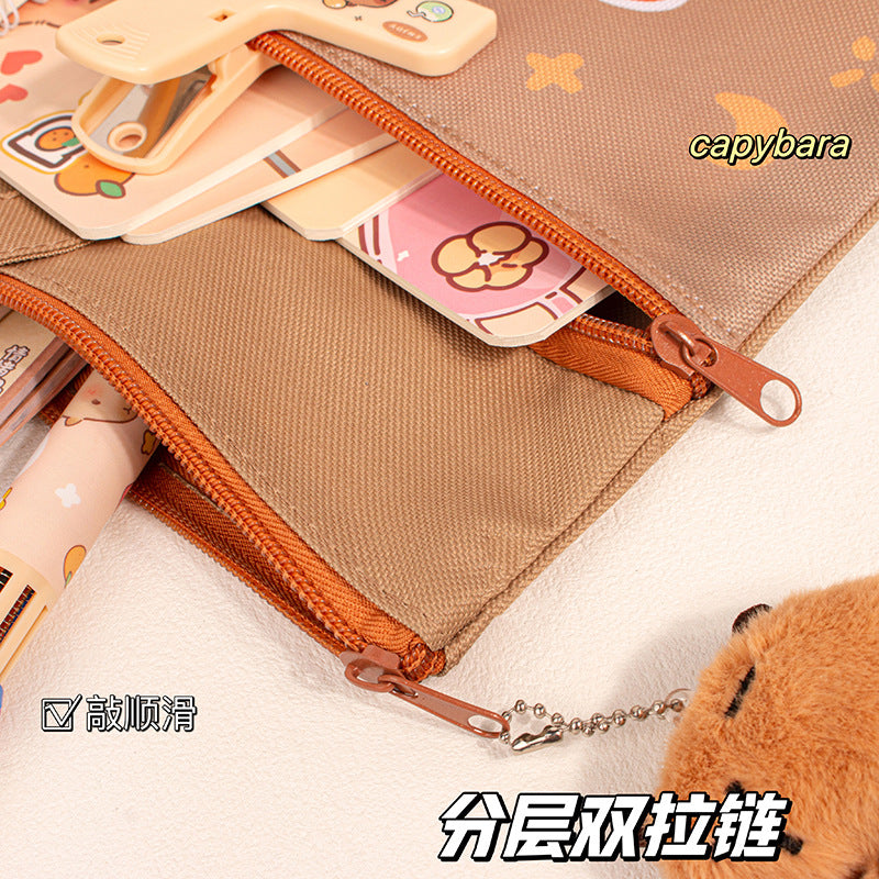 MOKA卡皮巴拉横版补习袋防水帆布耐用文件袋公文袋书本试卷袋MOKA Capybara Horizontal Tutor Bag—Waterproof Canvas, Durable Document Bag, Briefcase, Book and Test Paper Bag