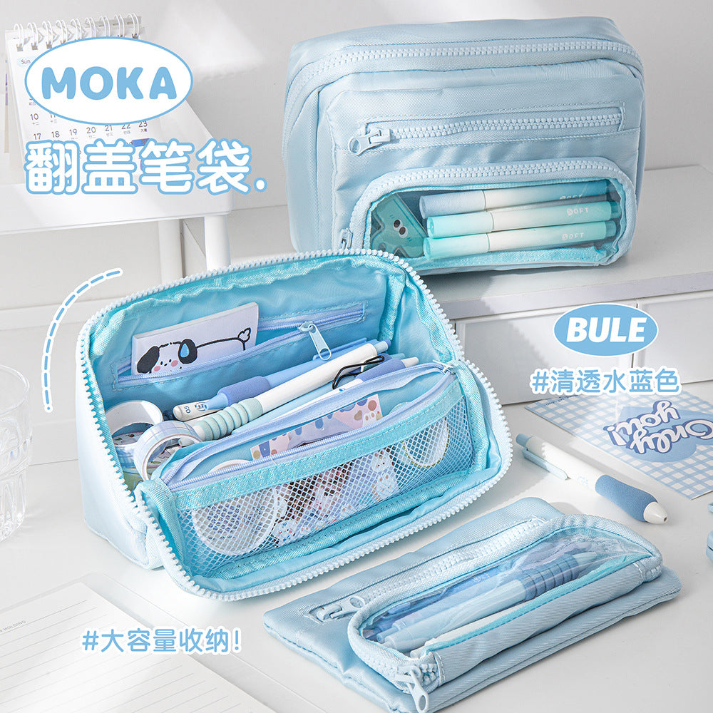MOKA大容量铅笔袋小清新INS风铅笔盒简约多层翻盖笔袋帆布文具盒MOKA Large-Capacity Pencil Case: Fresh and Minimalist, Multi-Layer Flip-Top Pencil Case, Canvas Stationery Case