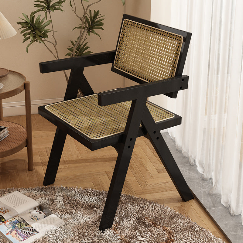 复古藤编实木椅子 家用靠背扶手椅 休闲椅Vintage rattan and solid wood chair; home armchair with backrest; lounge chair