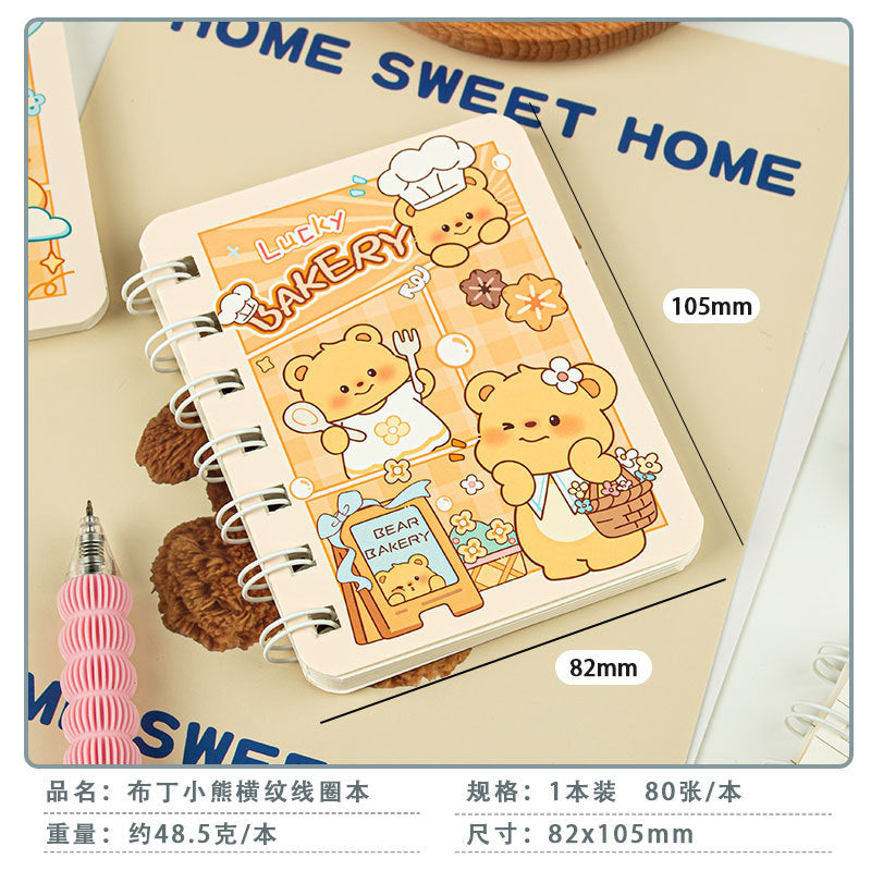 MOKA/魔卡A7布丁小熊横纹线圈本卡通可爱手帐记事本80张横线本MOKA A7 Pudding Bear Striped Spiral-Bound Notebook—Cute Cartoon-Style Planner with 80 Lined Pages
