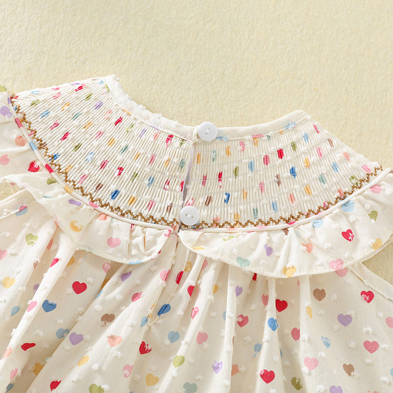 女童冰淇淋刺绣打揽连衣裙夏季女宝宝爱心印花棉布公主裙 Girls' Ice Cream Embroidered Summer Dress—Baby Girl's Heart-Print Cotton Princess Dress
