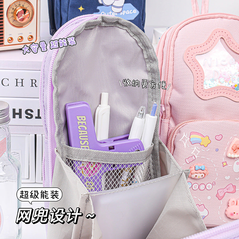 MOKA大容量手提挂绳笔袋可爱卡通男女孩小书包文具袋多层铅笔袋MOKA Large-Capacity Tote Pencil Case with Lanyard—Cute Cartoon Design for Boys and Girls, Small Backpack, Stationery Pouch, Multi-Compartment Pencil Case
