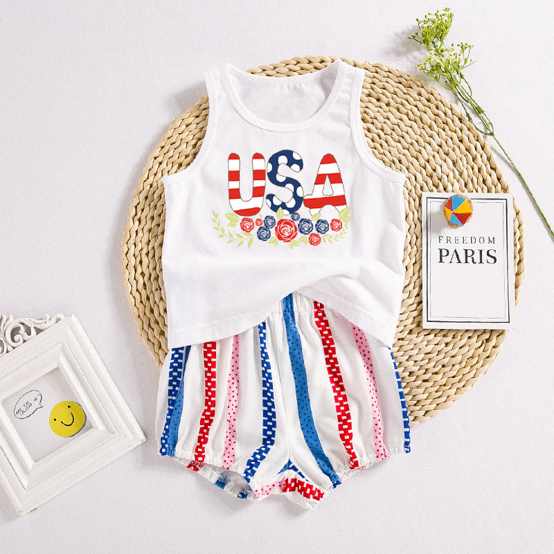 美国独立日套装印花字母无袖T恤条纹短裤2件套American Independence Day Baby Outfit Set: Printed Letter Sleeveless T-Shirt and Striped Shorts (2-Piece Set)