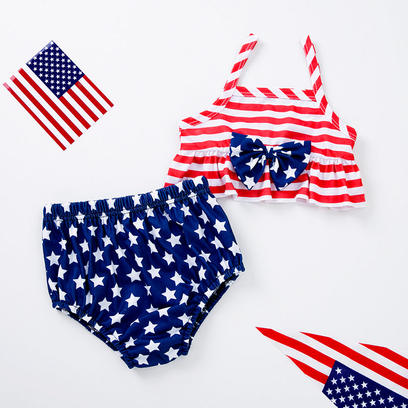 美国独立日宝宝服饰套装印花字母无袖T恤条纹短裤2件套Independence Day Baby Outfit Set: Printed Letter Sleeveless T-Shirt and Striped Shorts, 2-Piece Set