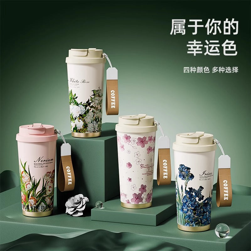 保温杯女生高颜值小清新喷陶内胆咖啡杯子 便携随行吸管水杯Stylish, Fresh-Looking Insulated Coffee Mug for Women with a Glazed Ceramic Liner—Portable Travel Mug with Straw