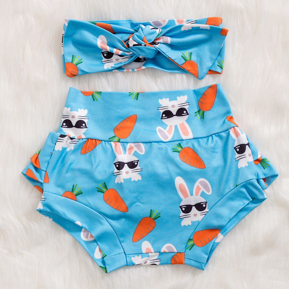 复活节女宝宝飞袖哈衣+短裤+头花多件套 Easter Baby Girl Set: Ruffled Romper + Shorts + Hair Clip