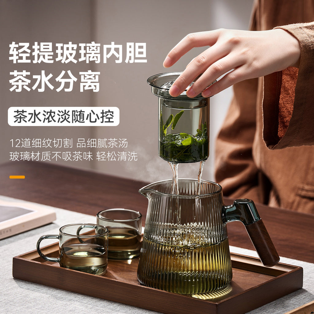 捷安玺竖纹玻璃茶壶新款家用待客木把煮茶壶高硼硅耐热玻璃泡茶壶Vertical-Striped Glass Teapot Home and Guest-Friendly Wooden-Handle Teapot, High-Borosilicate Heat-Resistant Glass Teapot