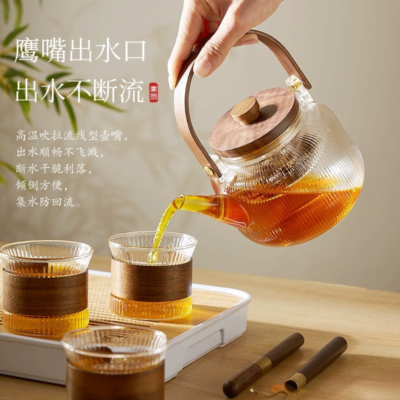 玻璃煮茶壶竖纹茶具套装电陶炉煮茶器下午围炉蒸泡白茶提梁烧水壶Glass Teapot with Vertical Stripes, Tea Set, Electric Ceramic Stove, Tea Maker, Afternoon Tea Set for Steaming and Brewing White Tea, Handle-Style Kettle