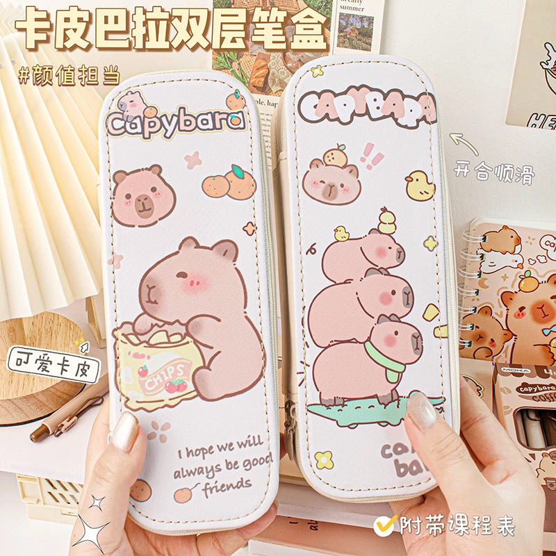 MOKA创意双层笔盒卡皮巴拉大容量可爱文具铅笔盒卡通可爱学生笔袋MOKA Creative Double-Layer Pencil Case—Capybara, Large Capacity, Cute Stationery Pencil Case, Cartoon-Style, Cute Student Pencil Pouch
