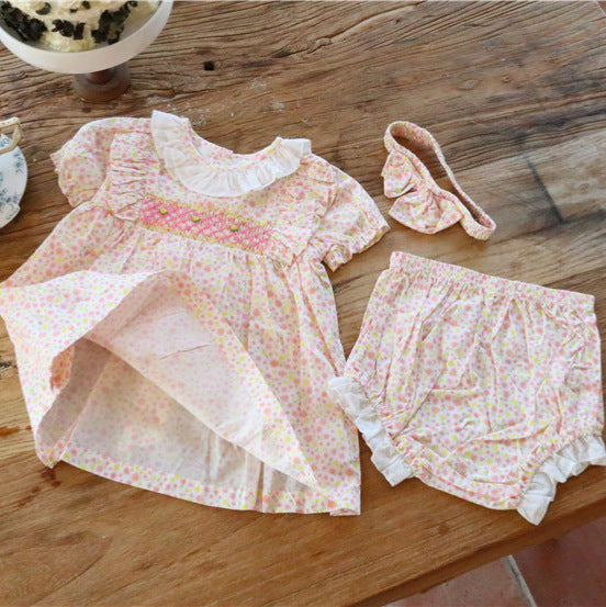女童花边领短袖连衣裙裤子发带三件套手工打揽刺绣清新甜美Girls' Lace-Collar Short-Sleeve Dress, Pants, and Headband 3-Piece Set with Hand-Embroidered Lace—Fresh and Sweet