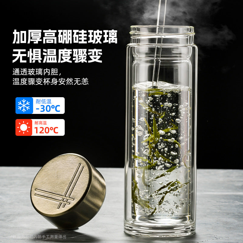 双层耐高温玻璃杯商务办公泡茶杯纯钛杯盖茶漏把手杯高档茶水杯Double-Walled High-Temperature-Resistant Glass Cup, Business Office Tea Cup, Pure Titanium Lid, Tea Strainer, Handle, High-End Tea Cup
