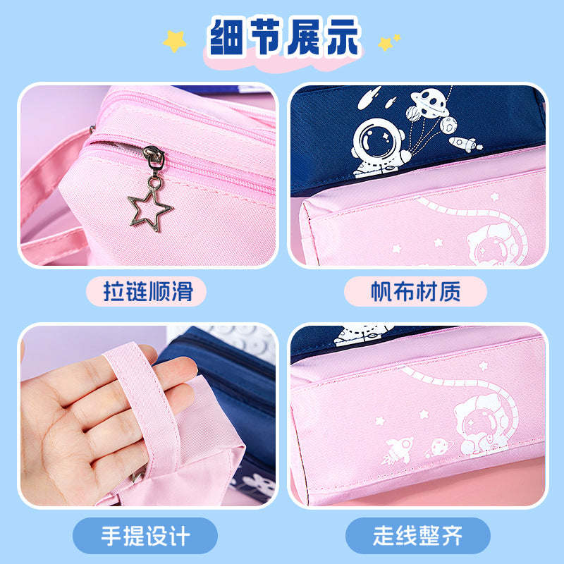 高颜值太空笔袋小学生三层大容量帆布文具袋多功能手提收纳袋Stylish Space-Themed Pencil Case: Three-Tier, Large-Capacity Canvas Stationery Bag for Elementary School Students—Multifunctional Carry-On Storage Bag