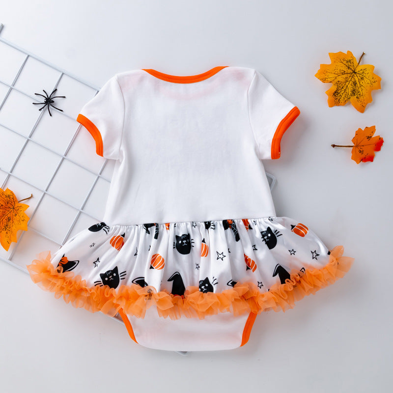 万圣节婴幼儿服饰女宝宝卡通绣花女巫帽短袖公主裙袜套装Halloween Baby and Toddler Outfit: Girls' Cartoon Embroidered Witch Hat, Short-Sleeve Princess Dress, and Socks Set