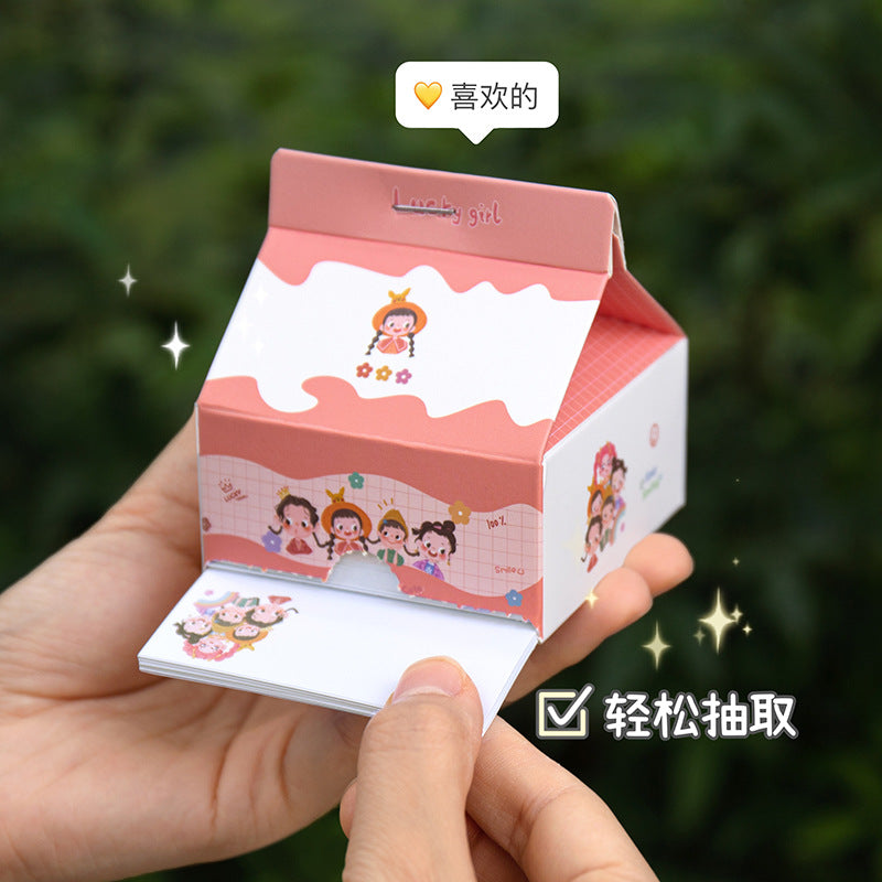 创意便利贴ins风日系卡通抽取式盒装备忘无粘性牛奶盒便签纸手帐Creative Post-it Notes: Cartoon, Pull-Out Box, Non-Sticky Milk Carton-Style Sticky Notes for Bullet Journals