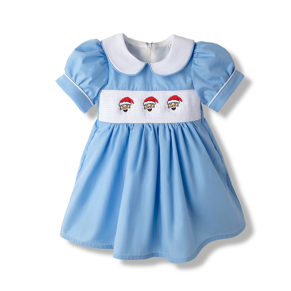 Christmas女童连衣裙短袖娃娃领可爱圣诞老人刺绣打揽公主裙‌Christmas Girls' Dress: Short-Sleeve Peter Pan Collar with Cute Santa Claus Embroidery and Flared Princess Skirt‌