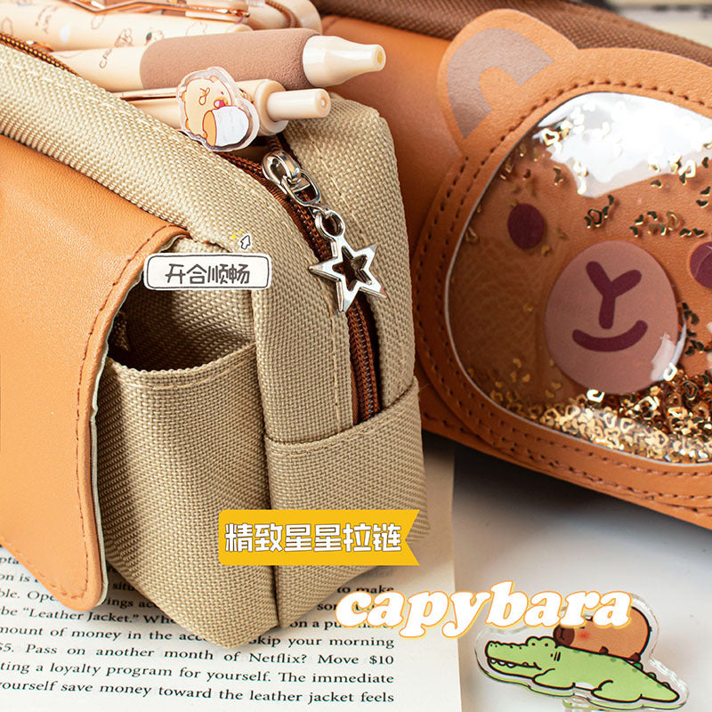MOKA Cute Capybara Cartoon-Printed Large-Capacity Brown Stationery Pouch for Students
