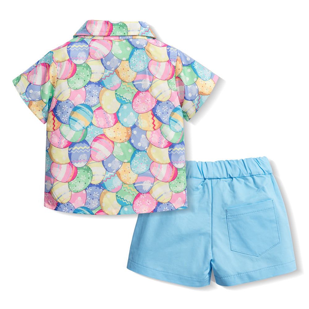 男宝宝童装批发复活节彩蛋节日男童短袖短裤多件套Wholesale Boys' Clothing: Easter Egg-Themed Festive Short-Sleeve Shirts and Shorts Sets
